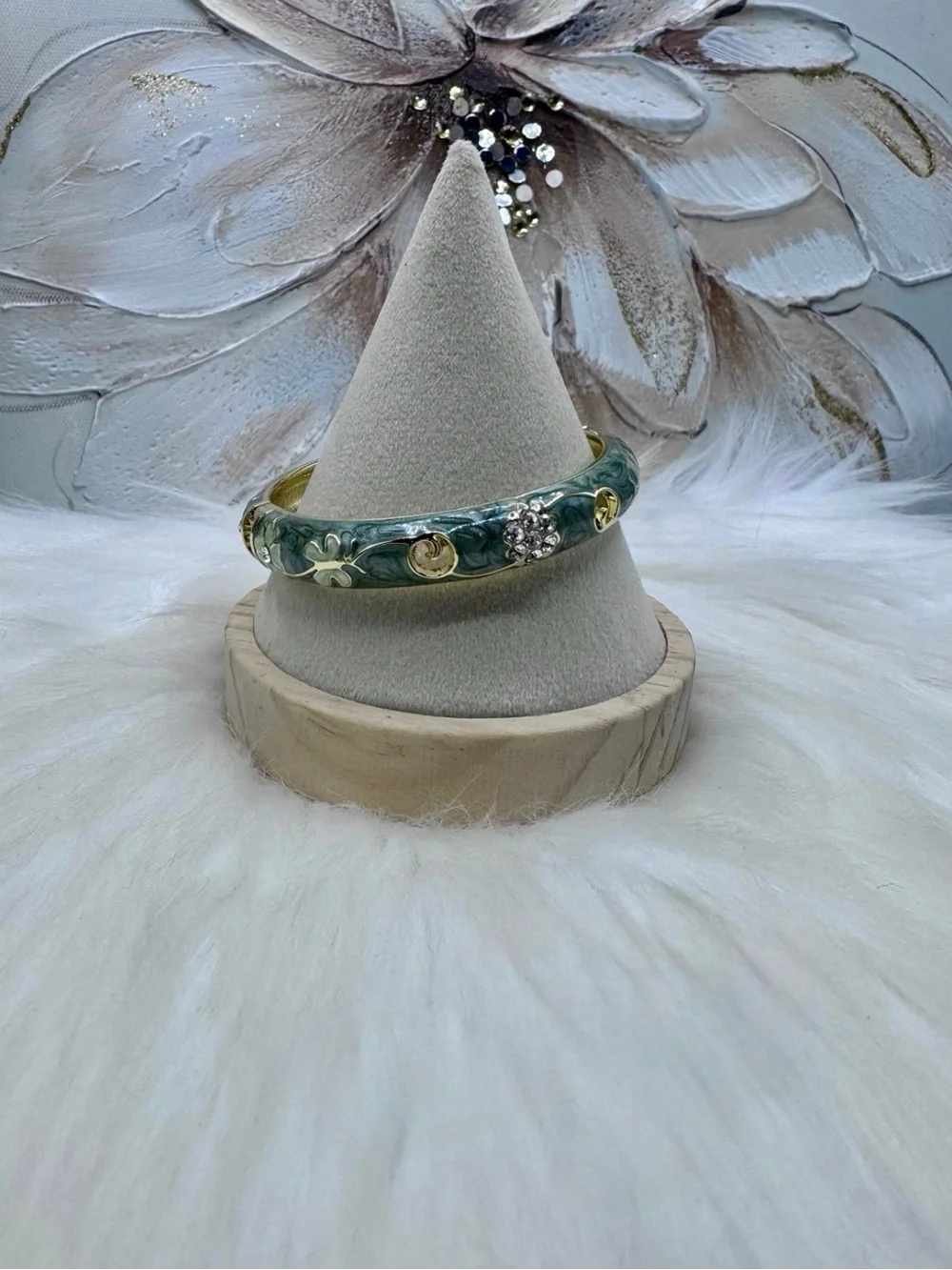 Gold-Tone Green Enamel Floral Crystal Bangle Bracelet
